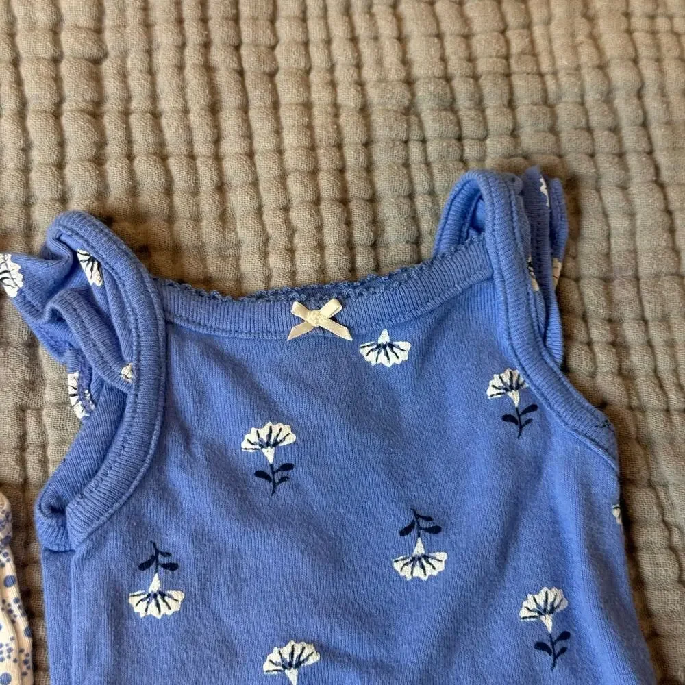 Lot of 2 Carters Onesies Sleeveless Ruffle Rompers Blue Floral Baby Girl Newborn